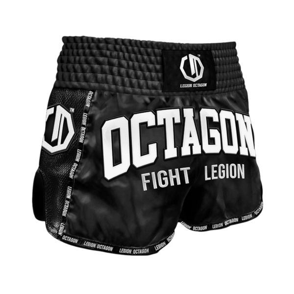 Legion Octagon Fight Legion PREMIUM Black/White Kickbox- und Muay-Thai-Shorts